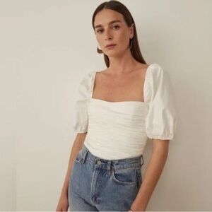 REFORMATION White Puff Sleeve Barry Smocked Tie Back Top NWT